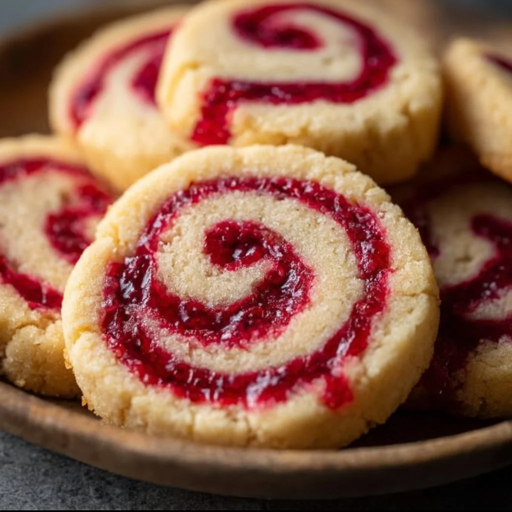 Delicious raspberry swirl cookies on a plate with a buttery shortbread texture