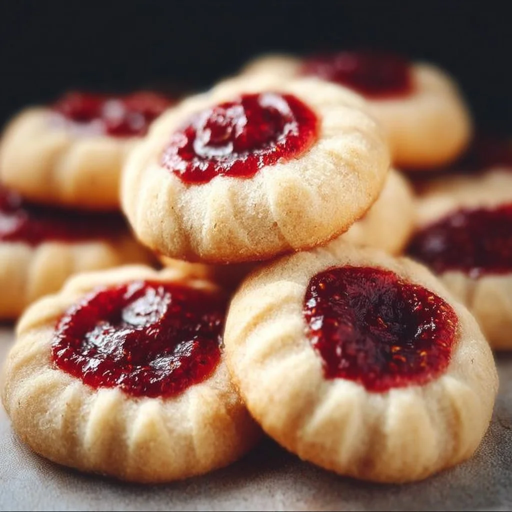 Freshly baked Raspberry Thumbprint Cookies on a plate