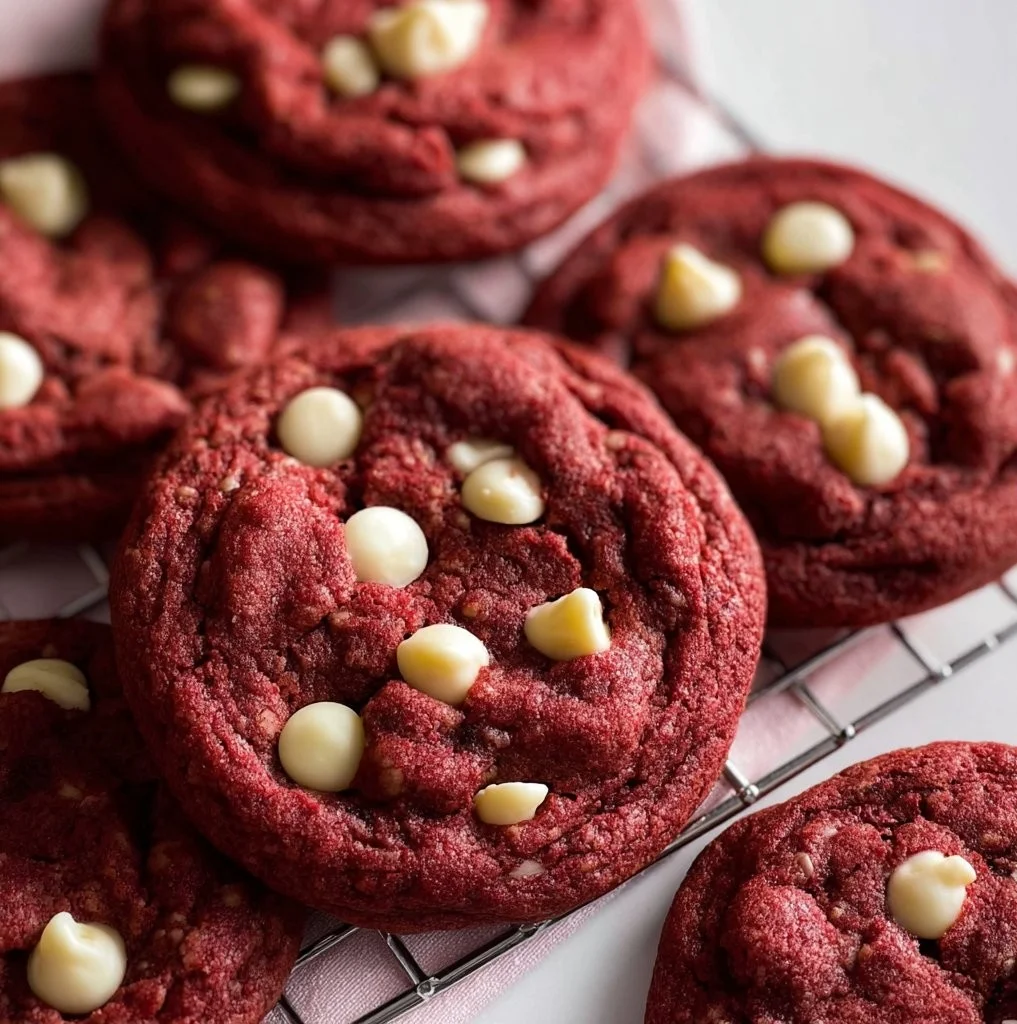 Red Velvet Cake inspired white chocolate chip cookies on a plate
