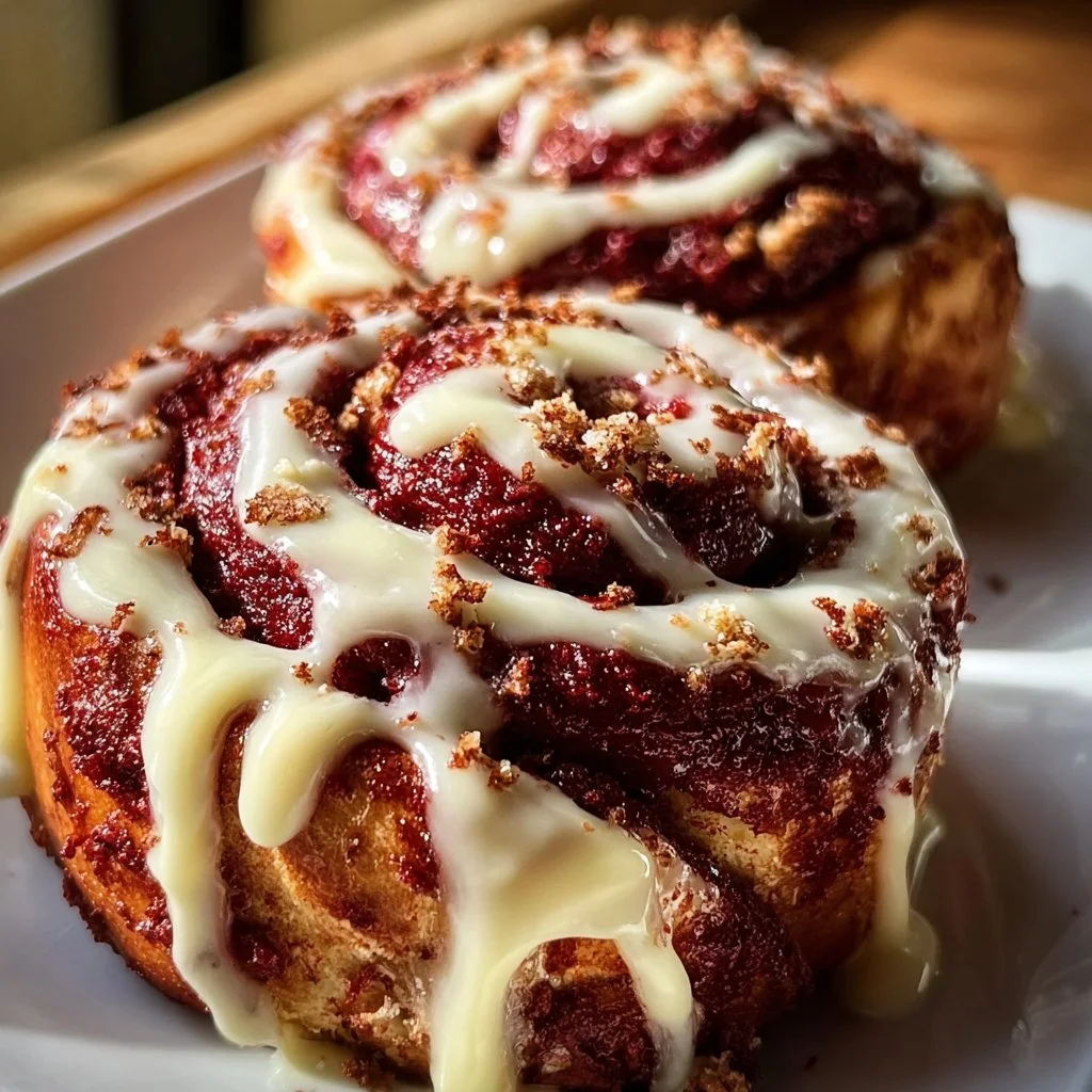 Freshly baked red velvet cinnamon rolls topped with cream cheese icing