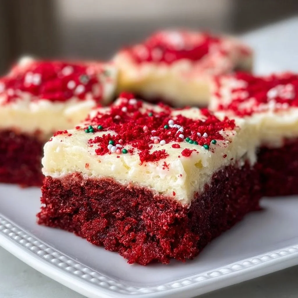 Delicious Red Velvet Cookie Bars topped with cream cheese frosting