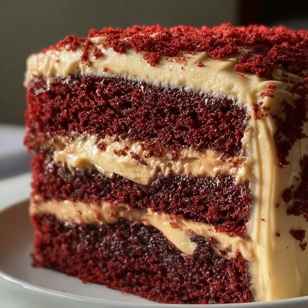 Delicious slice of Red Velvet Mocha Cake topped with whipped cream.