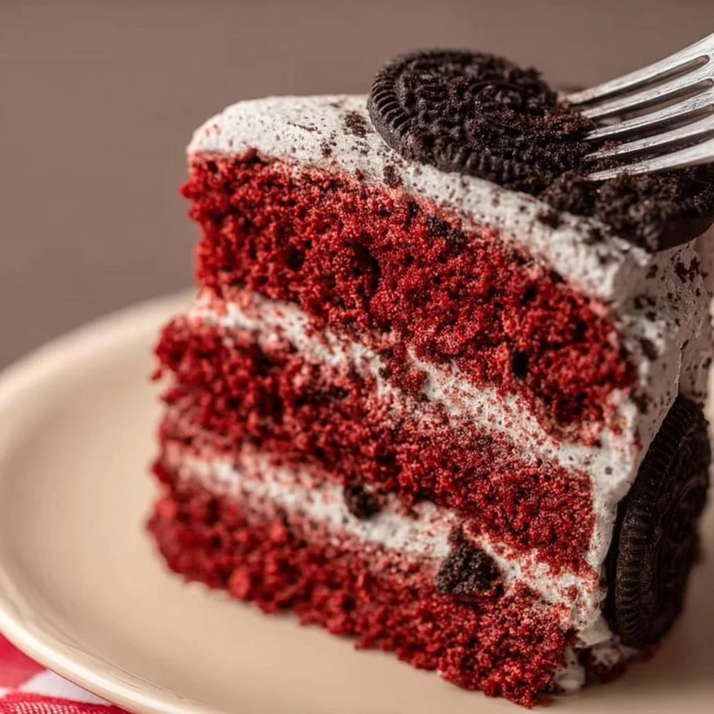 Delicious Red Velvet Oreo Cake with creamy frosting and Oreo crumbles on top.