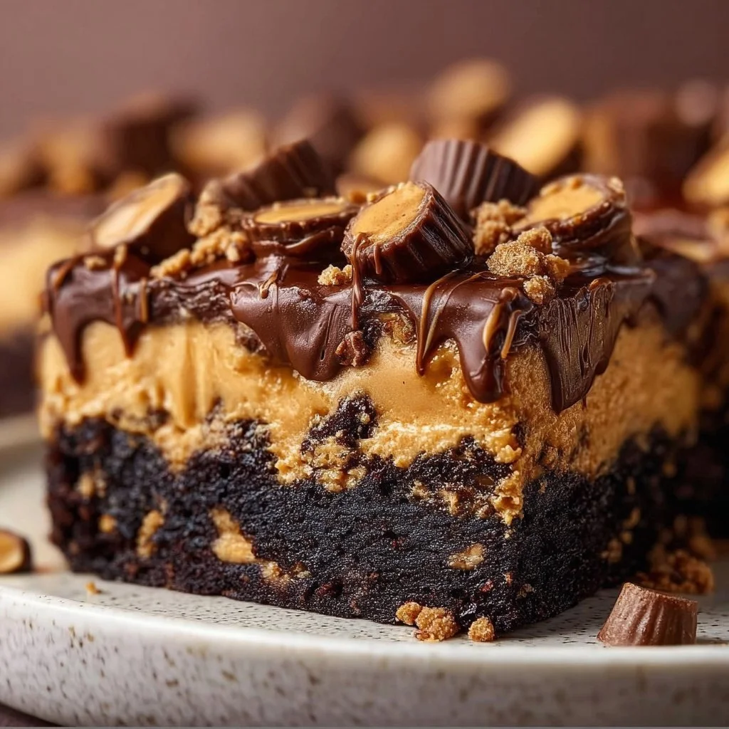 Delicious slice of Reese's Chocolate Peanut Butter Earthquake Cake topped with frosting