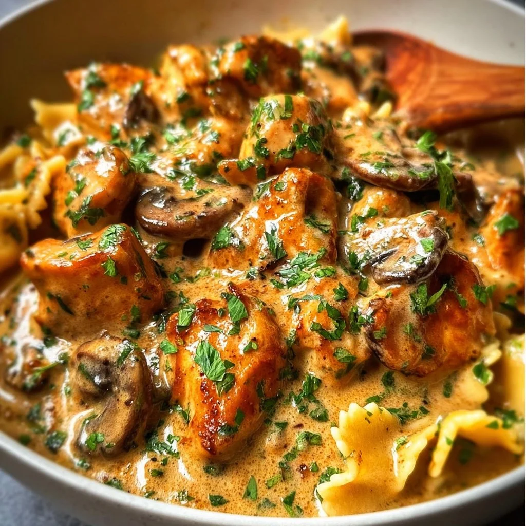 Delicious rich chicken stroganoff plated with mushrooms and herbs