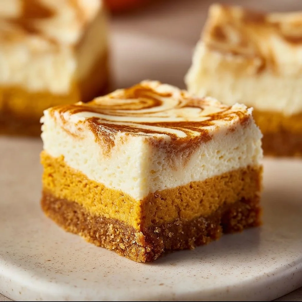 Delicious rich pumpkin cheesecake bars served on a plate