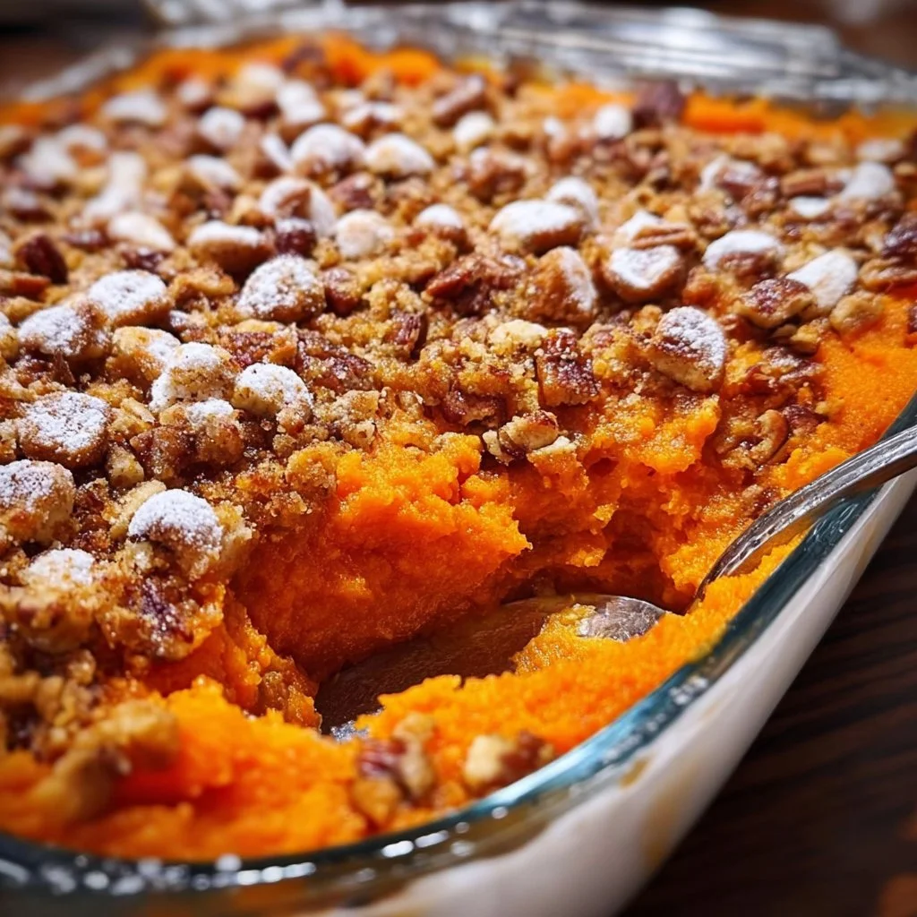 Delicious Southern sweet potato casserole topped with marshmallows and pecans.