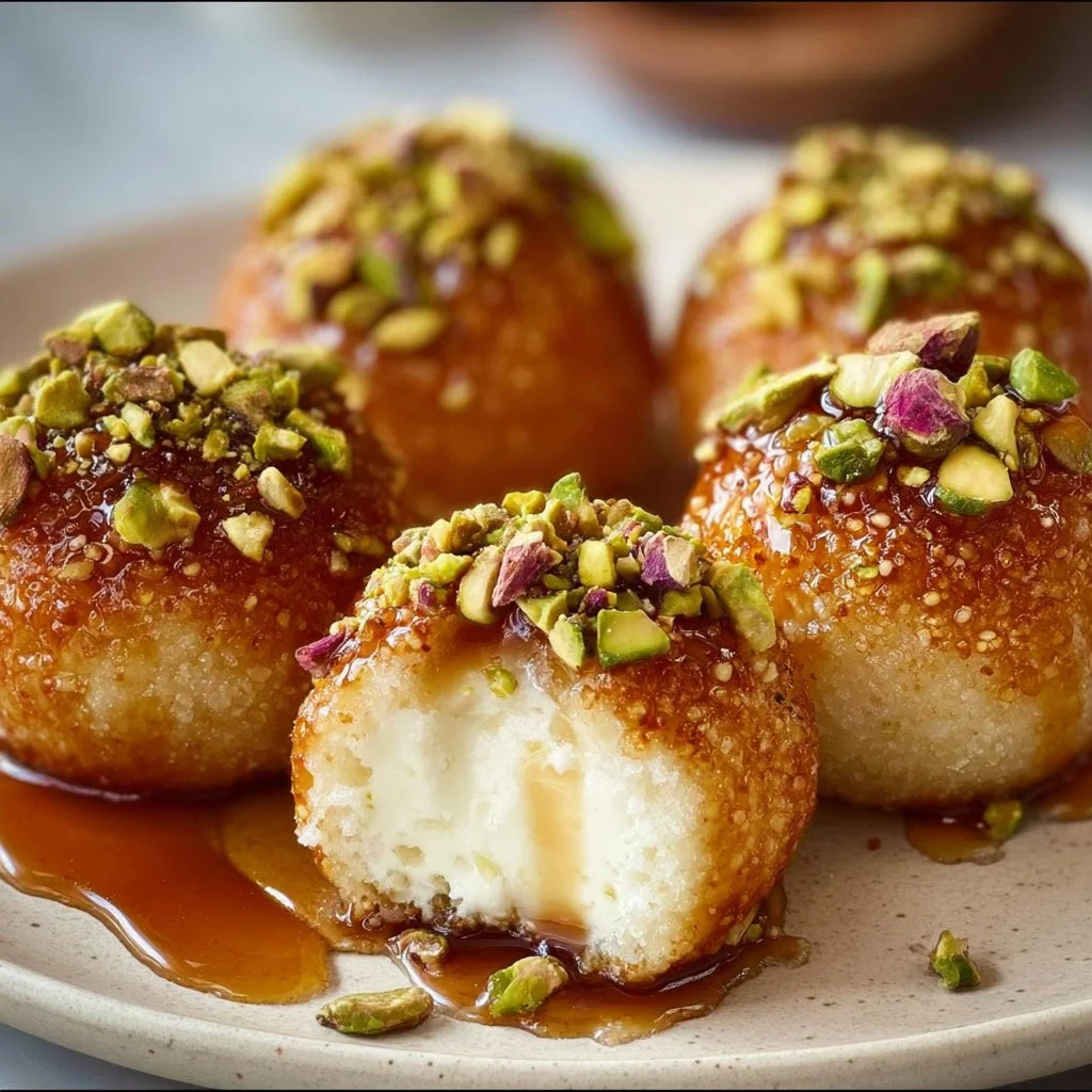 Delicious ricotta pistachio honey bites served on a platter