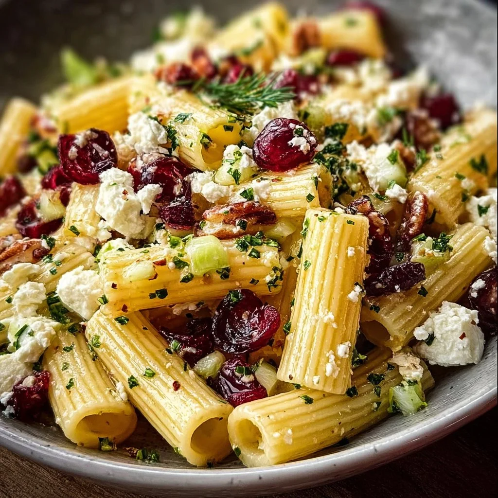 Rigatoni Salad with Feta and Cranberries served in a bowl