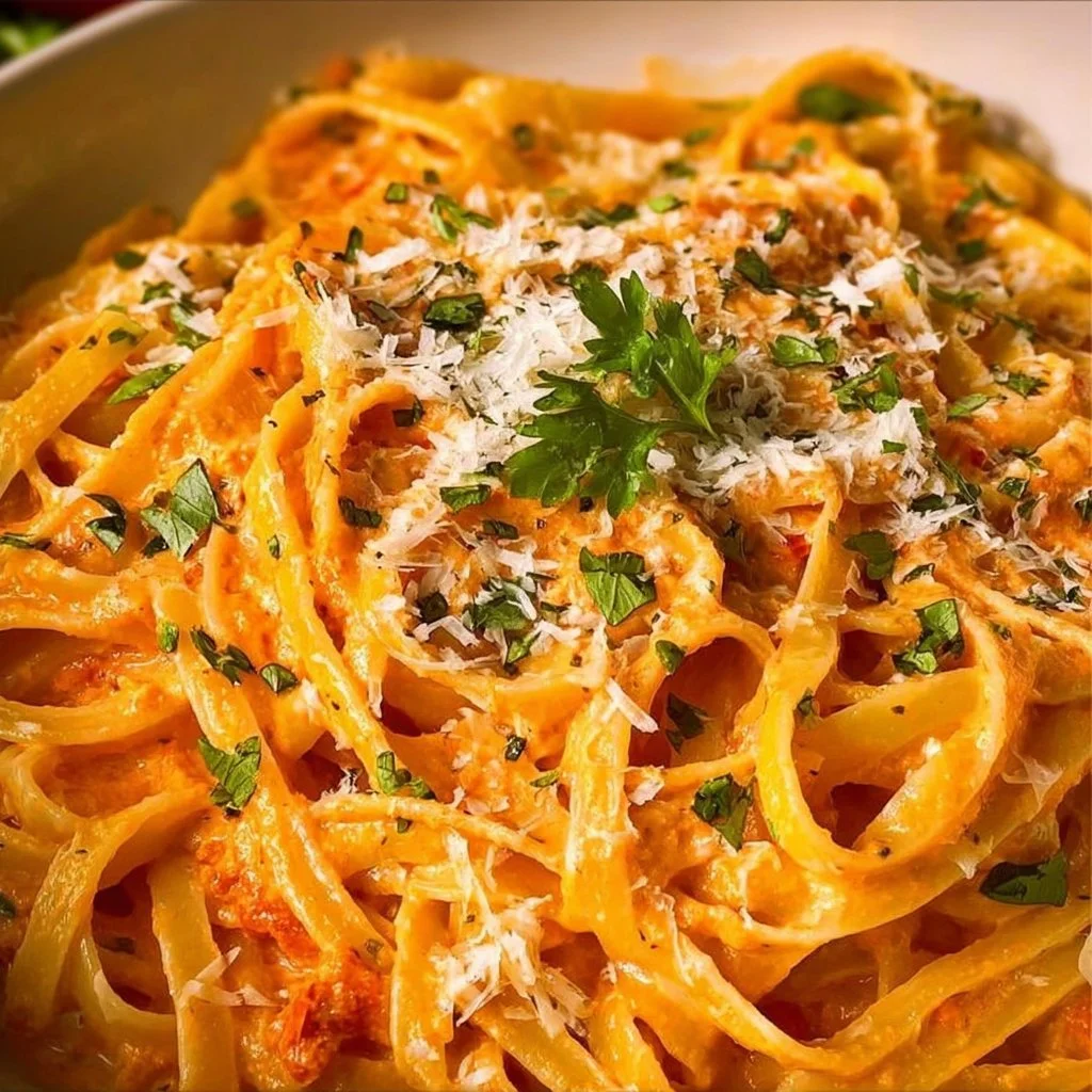 Creamy Roasted Red Pepper Alfredo Sauce served over pasta