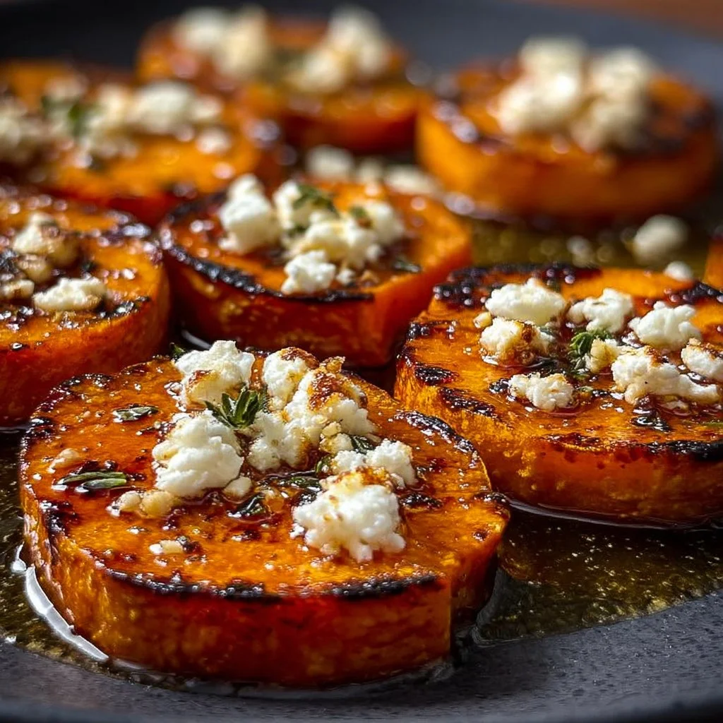 Roasted sweet potato rounds topped with honey and feta cheese