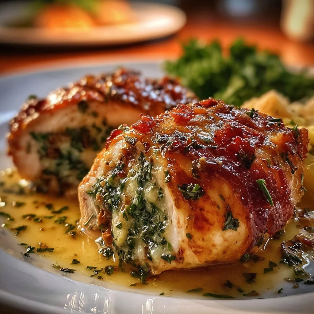 Plate of Ruth's Chris stuffed chicken served with vegetables and sauce.