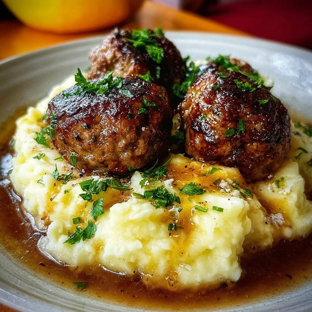 Salisbury steak meatballs with garlic herb mashed potatoes on a plate