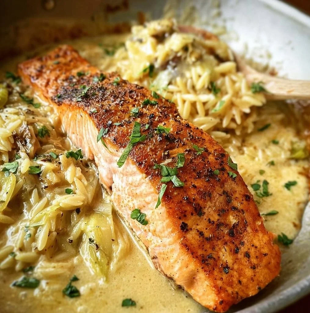 Delicious Salmon with Artichoke Orzo served on a plate