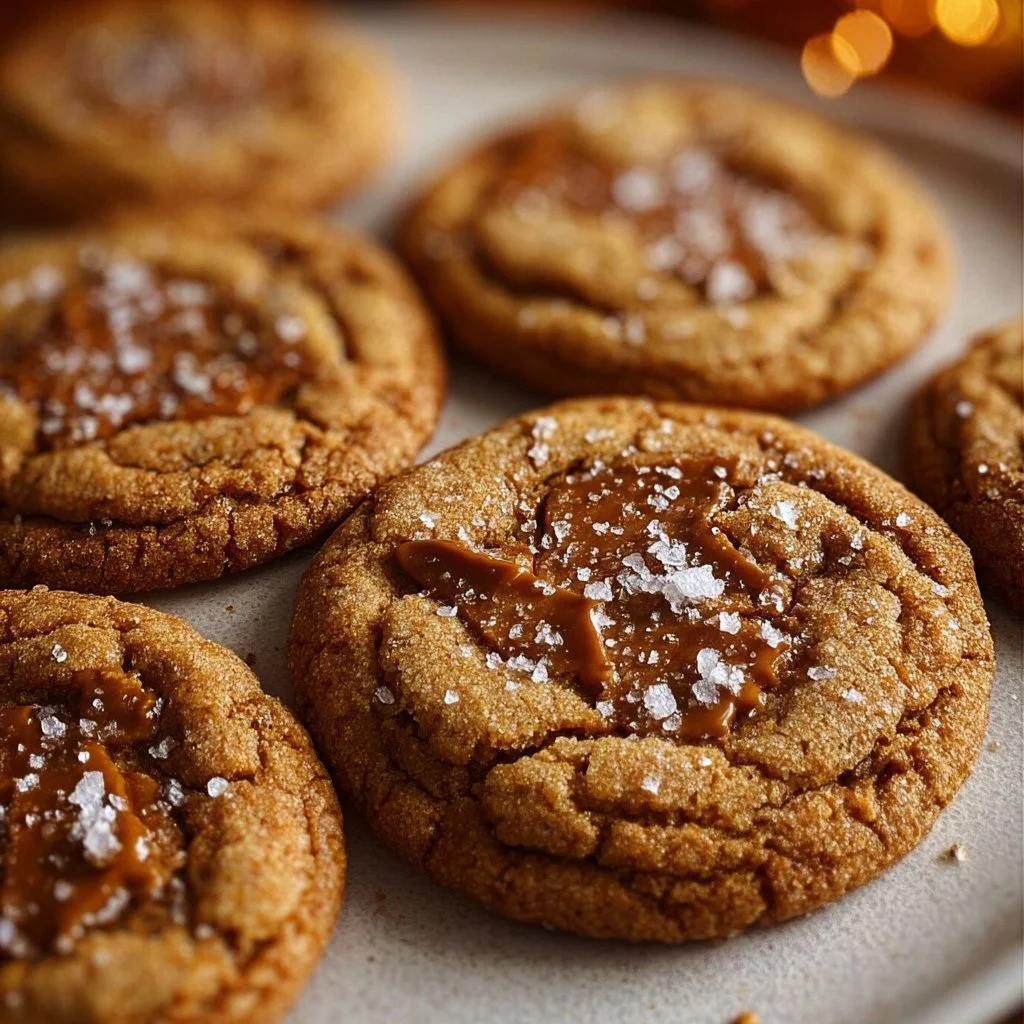 Freshly baked salted caramel cookies on a cooling rack