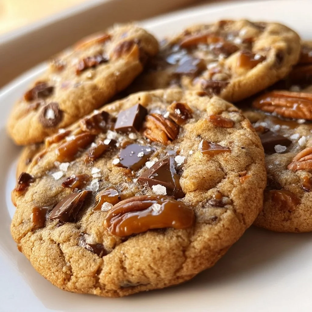Salted caramel pecan chocolate chip cookies fresh out of the oven