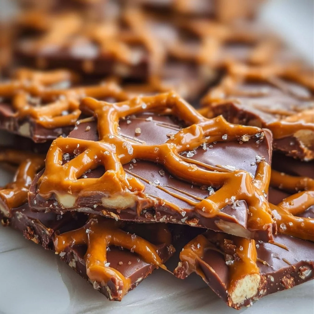 Delicious salted caramel pretzel bark with chocolate and pretzel crunch