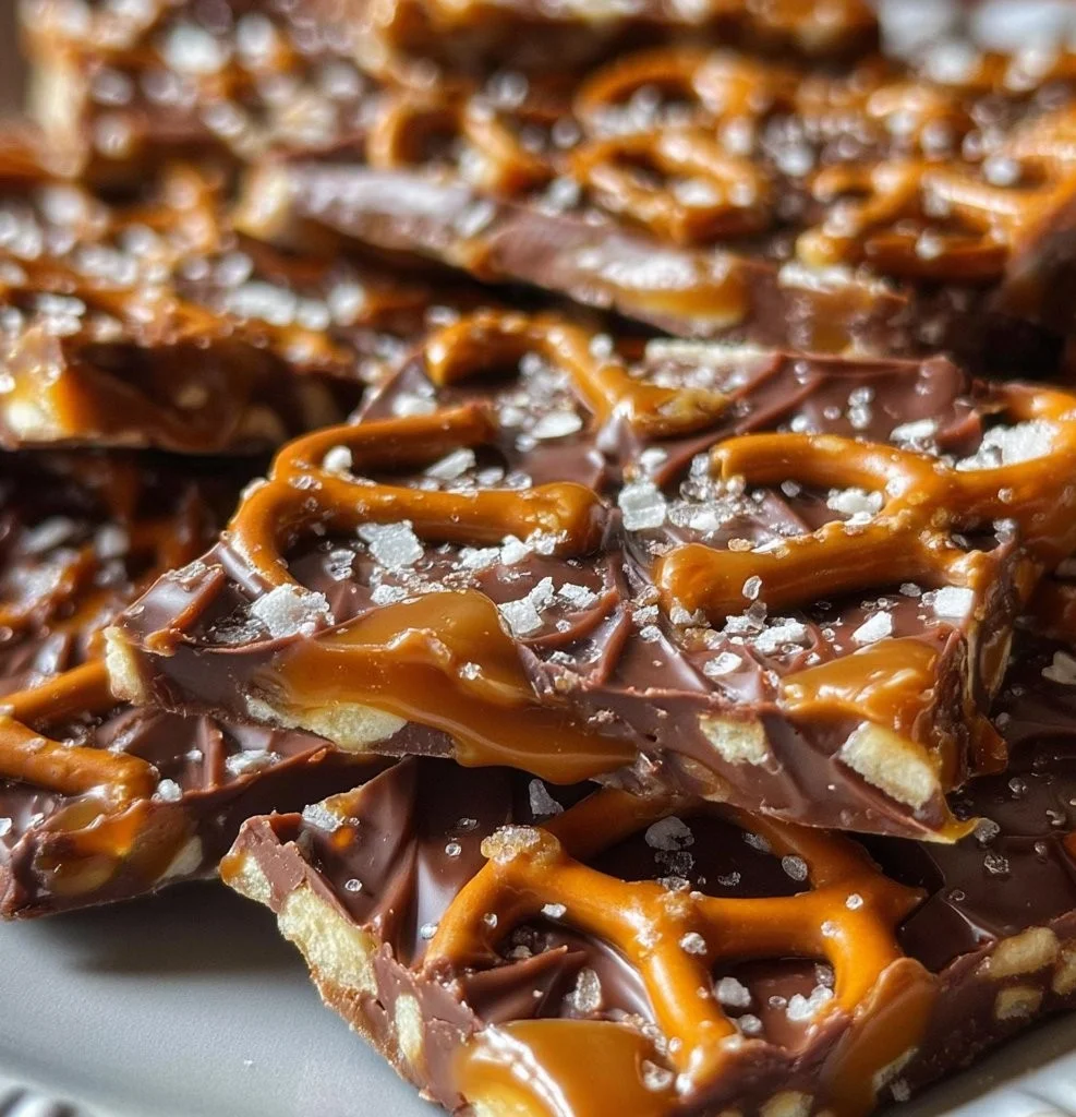 Delicious salted caramel pretzel bark with toppings