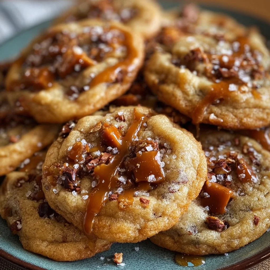 Freshly baked salted caramel toffee cookies with a sprinkle of sea salt