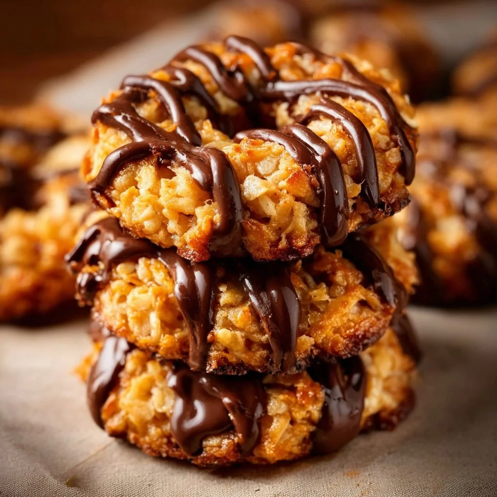 Delicious homemade Samoas cookies with chocolate, coconut, and caramel toppings.