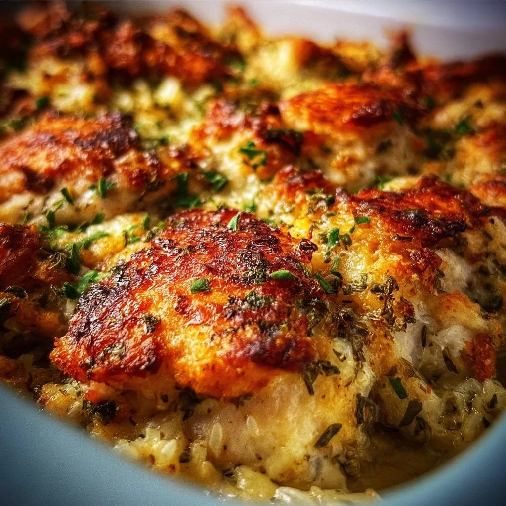 Savory Baked Herb Chicken Casserole ready to serve with herbs and cheese