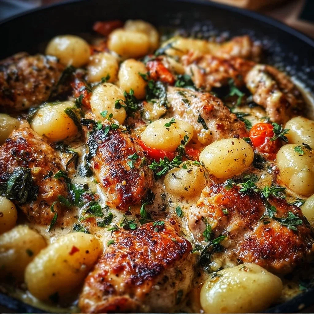 Savory garlic chicken and gnocchi skillet dish ready to serve