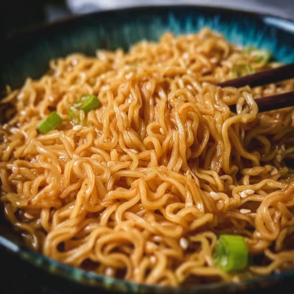 Sesame garlic ramen noodles with vegetables in a bowl