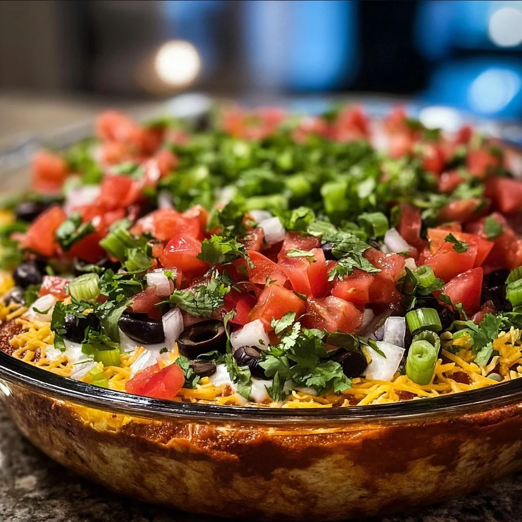 A colorful Seven Layer Mexican Dip served in a clear dish, showcasing vibrant layers.