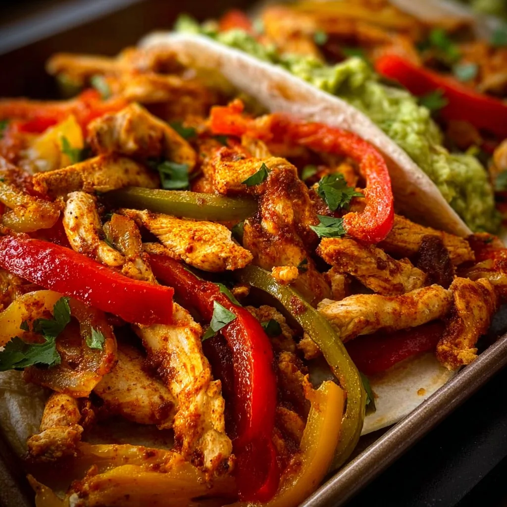 Delicious sheet pan chicken fajitas with colorful peppers and onions.