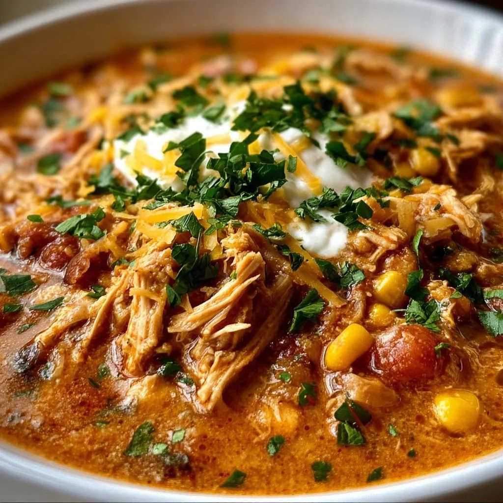 Bowl of Shredded Chicken Chili garnished with fresh herbs