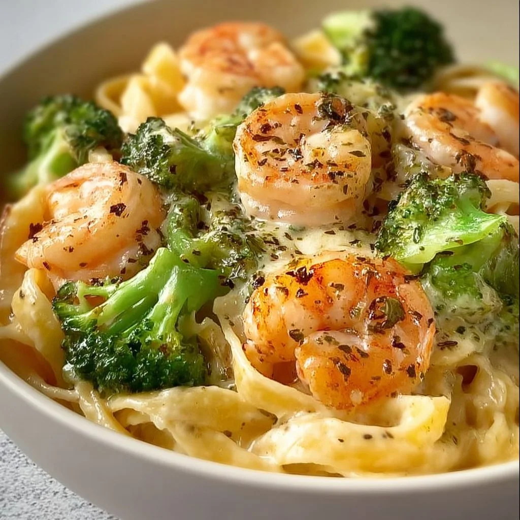 Delicious Shrimp Broccoli Alfredo served with creamy sauce and fresh broccoli