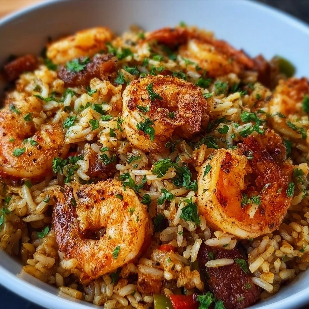 A bowl of Shrimp Dirty Rice, featuring shrimp mixed with seasoned rice and vegetables.