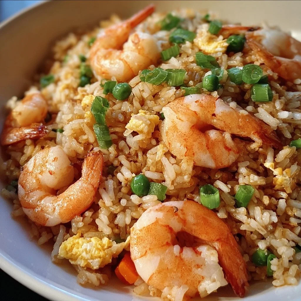 Delicious shrimp fried rice served in a bowl with vegetables.