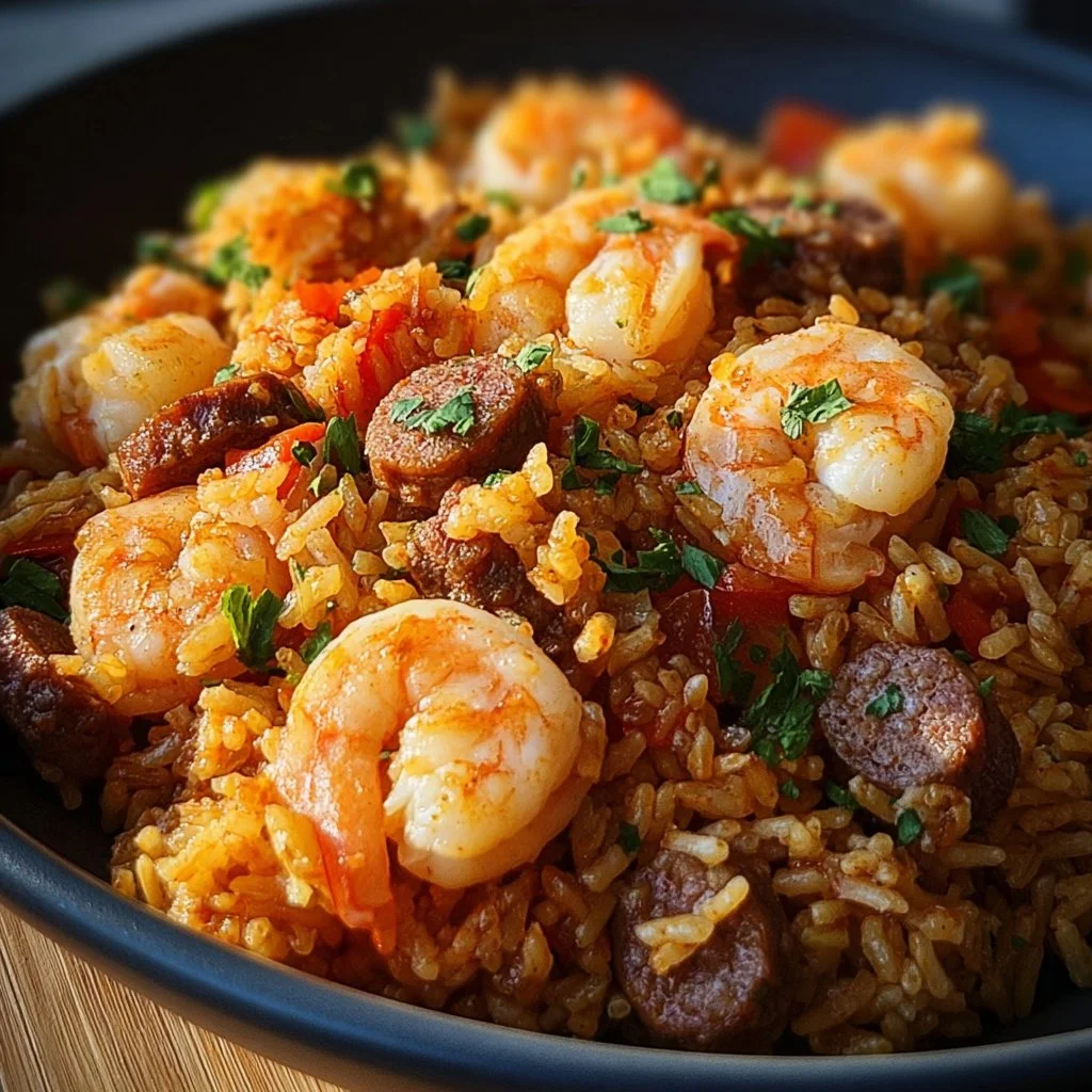 Delicious shrimp sausage dirty rice served in a bowl with herbs