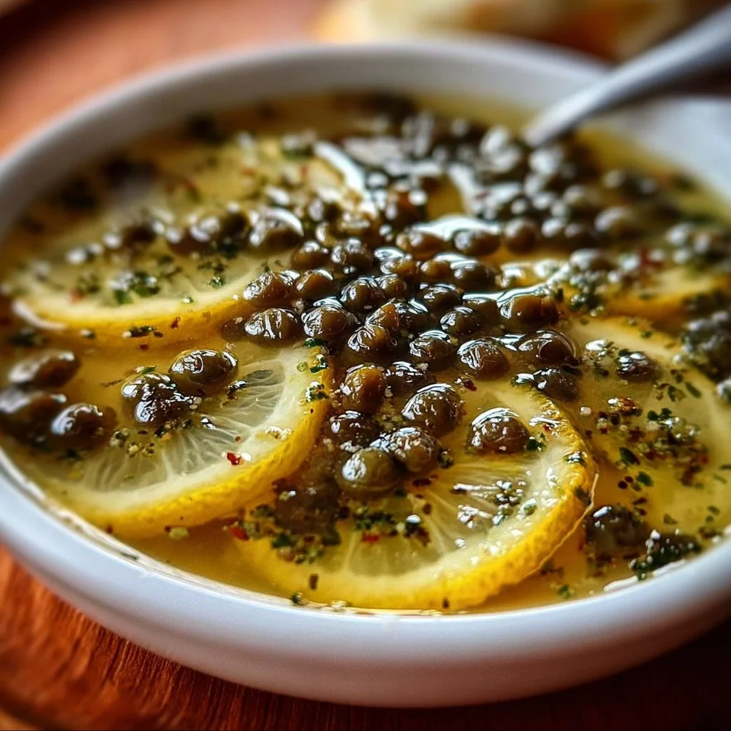 Simple lemon caper sauce drizzled over grilled fish on a plate.
