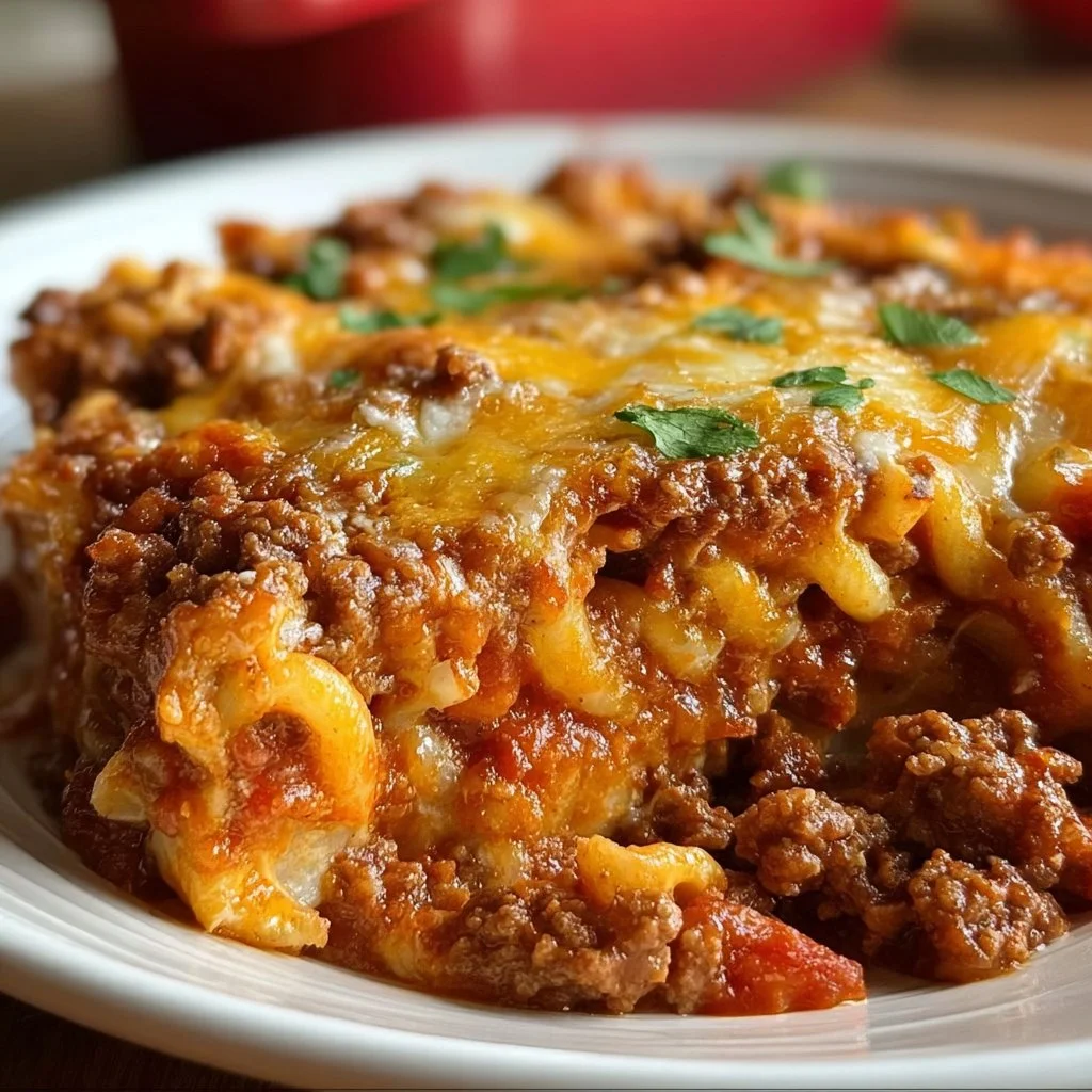 Delicious Sloppy Joe Casserole topped with melted cheese and herbs