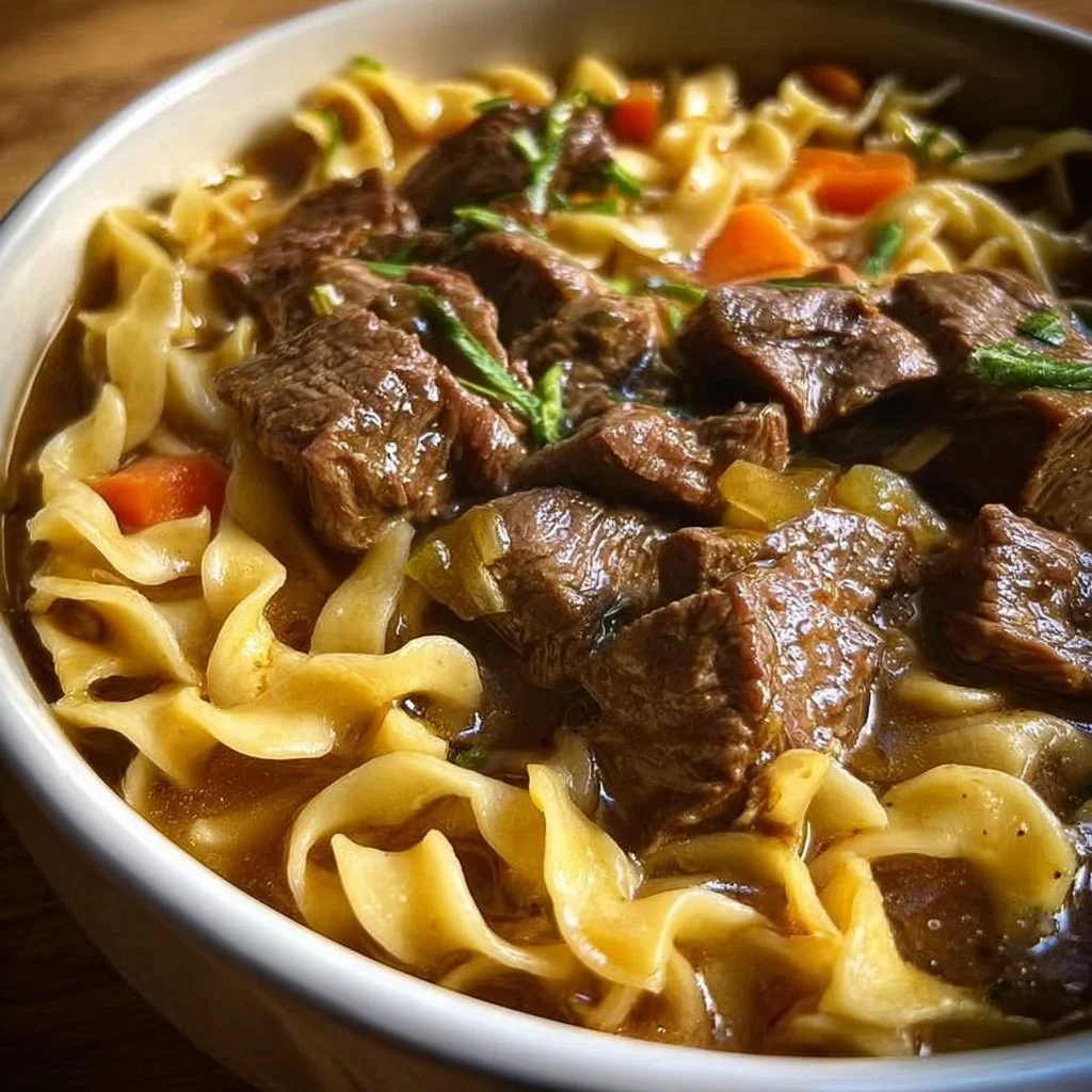 Slow-cooked beef and noodles served in a bowl
