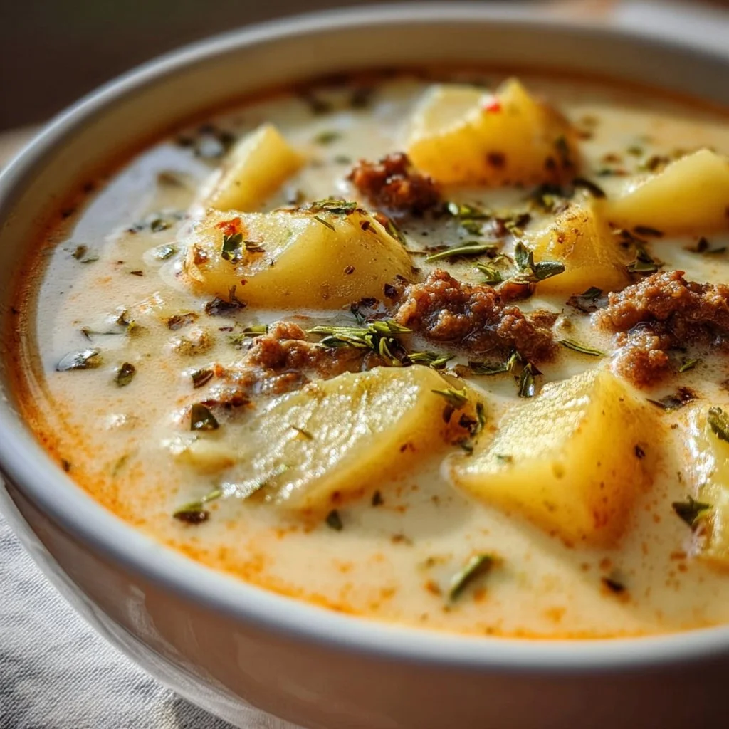 Bowl of slow-cooked creamy potato hamburger soup garnished with herbs
