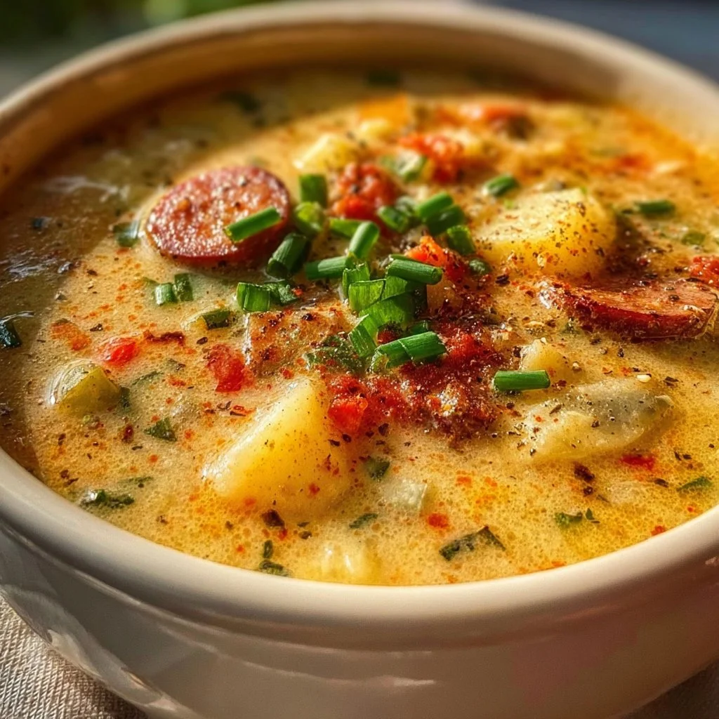 Bowl of creamy Slow Cooker Cajun Potato Soup with spices and potatoes