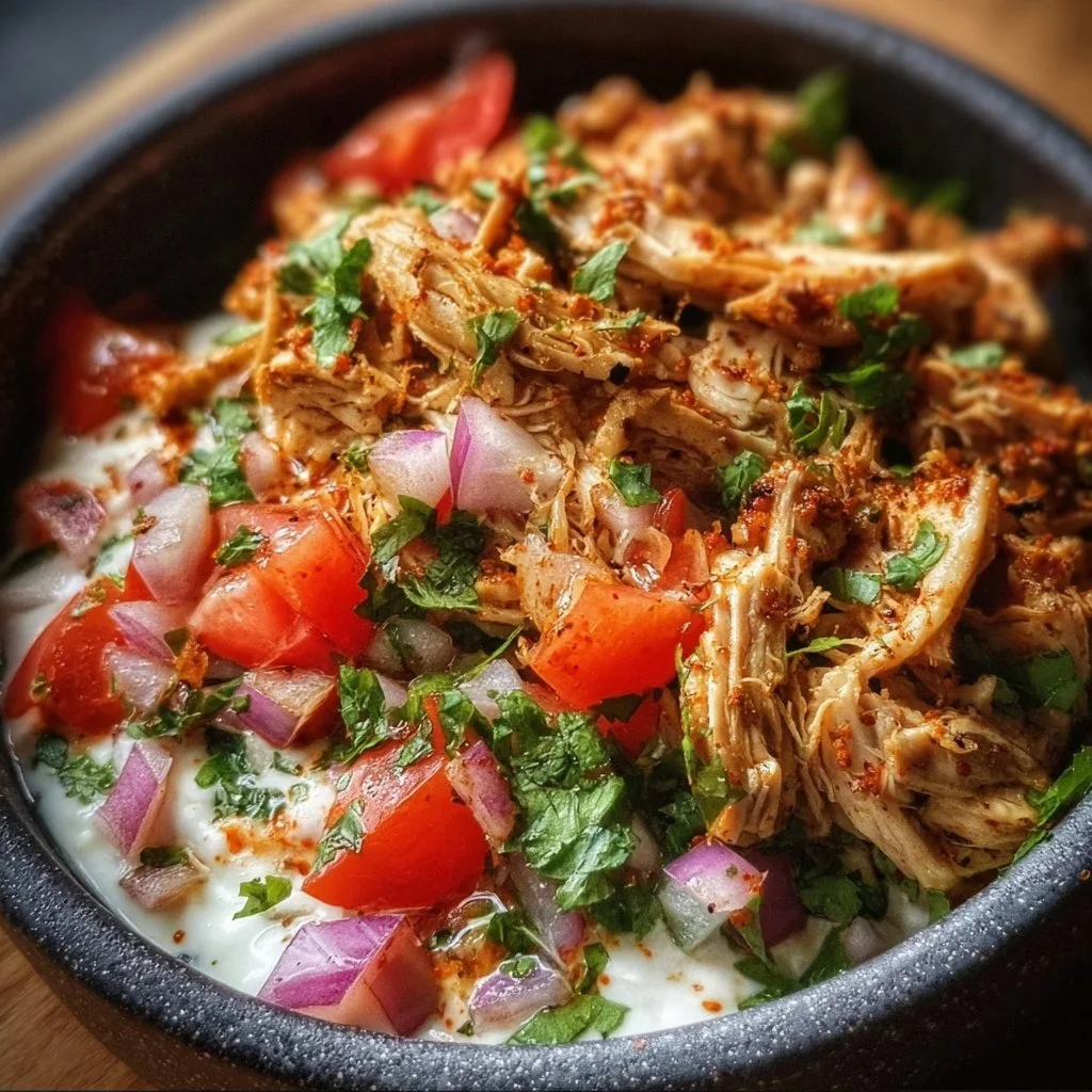 Delicious slow cooker chicken shawarma served with fresh vegetables and pita bread.