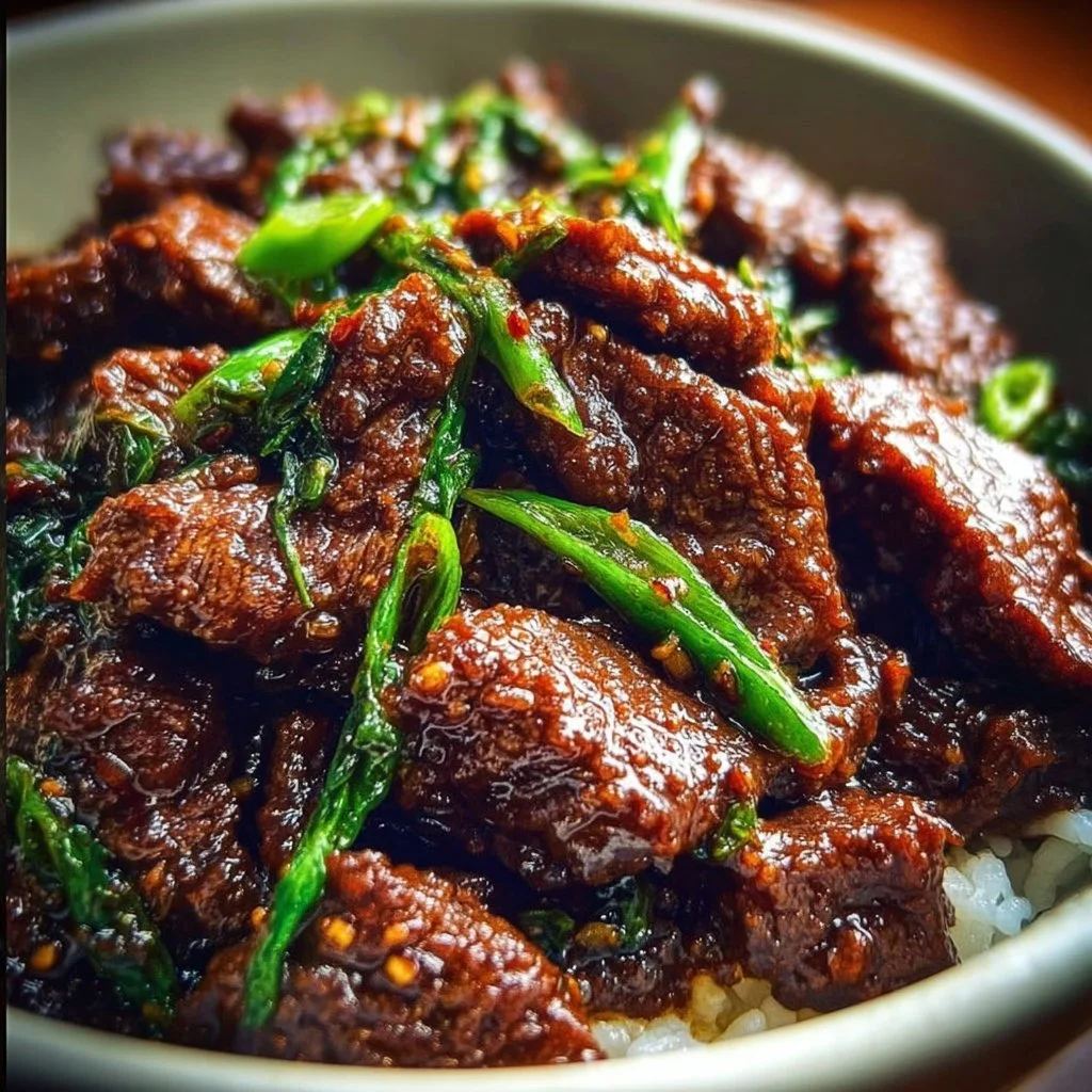 Slow Cooker Mongolian Beef served with rice and vegetables