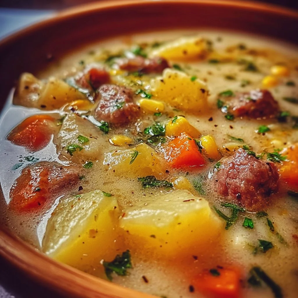 Bowl of slow cooker savory potato and beef soup with fresh herbs