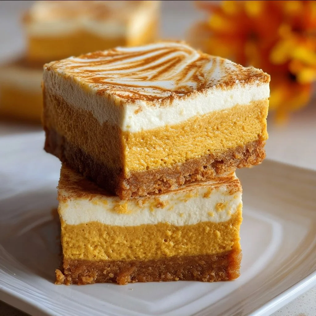 Delicious smooth pumpkin cheesecake bars topped with a sprinkle of cinnamon.