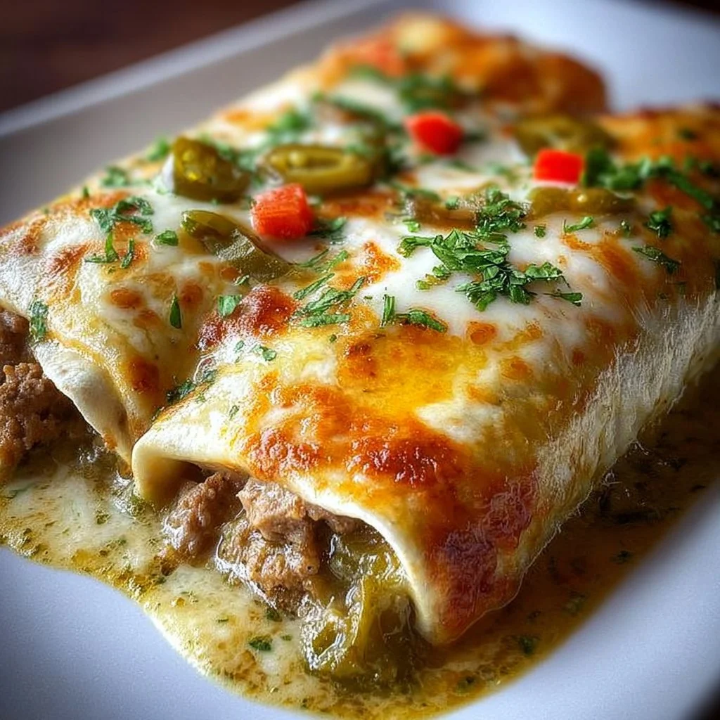 Delicious smothered green chili burritos ready to serve.