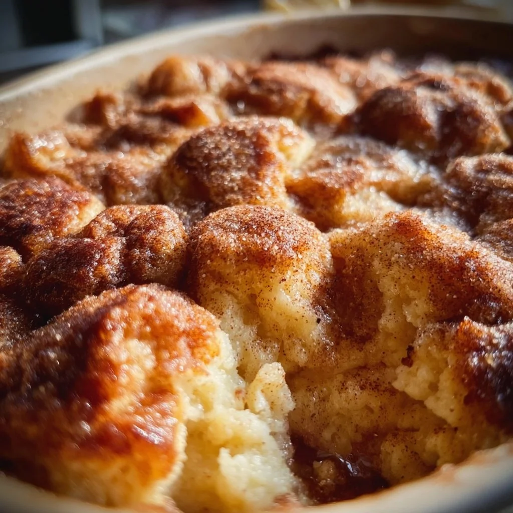 Delicious snickerdoodle cobbler topped with whipped cream and cinnamon sugar.