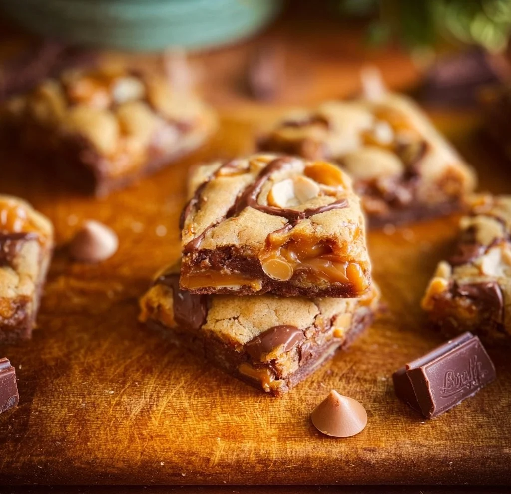 Homemade Snickers Cookie Bars with chocolate, caramel, and peanuts