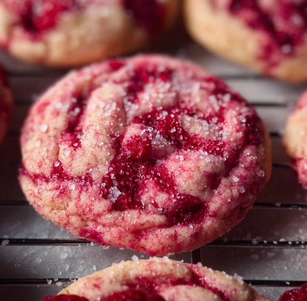 Soft and chewy raspberry sugar cookies with fresh raspberries and sugar sprinkles