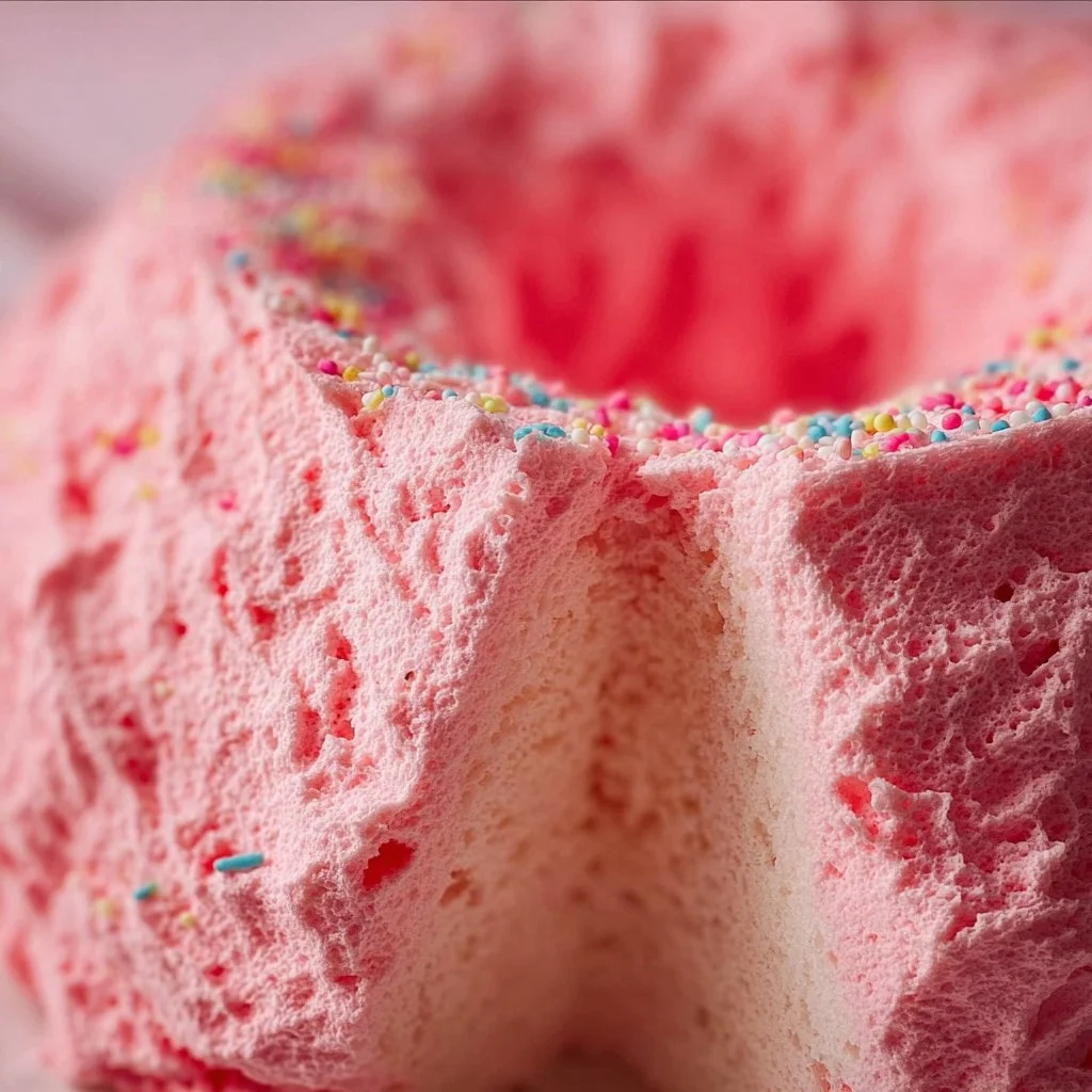 Soft Pink Angel Food Cake topped with fresh berries and whipped cream