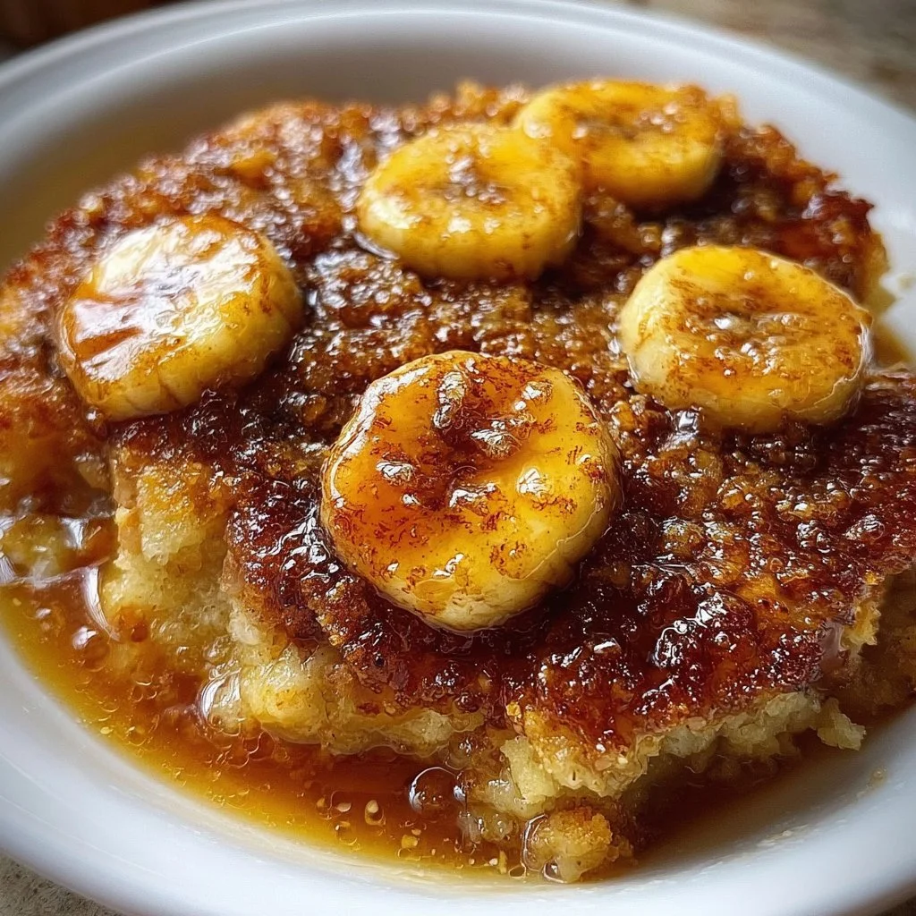 Delicious Southern banana cobbler served in a rustic dish with fresh bananas