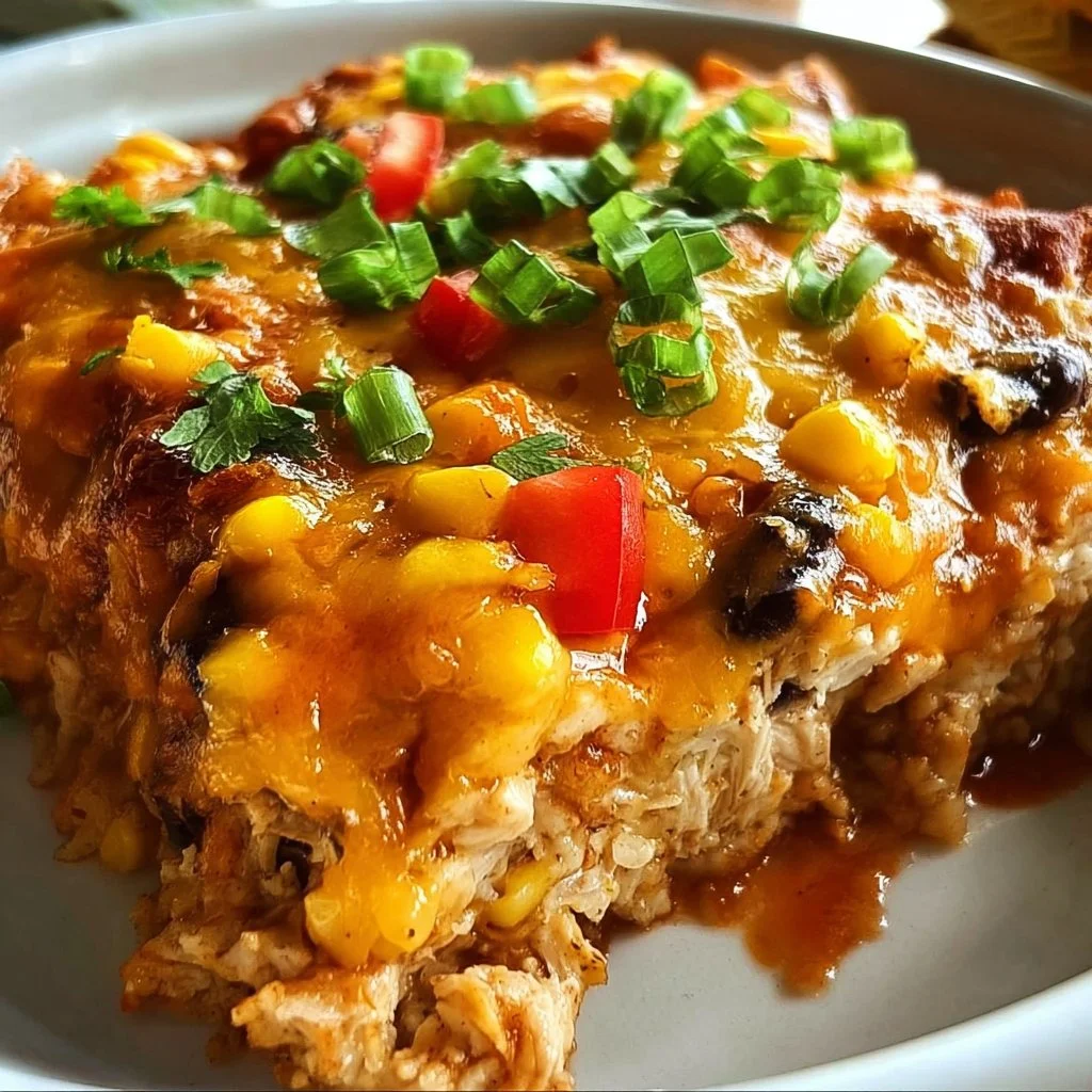 Delicious Southwest Chicken Casserole topped with cheese and vegetables